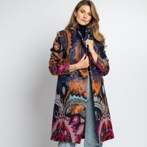 Ivko Woman Boiled 100% Wool Artistic Pattern Navy Coat Coatigan Jacket Sz 44 NWT